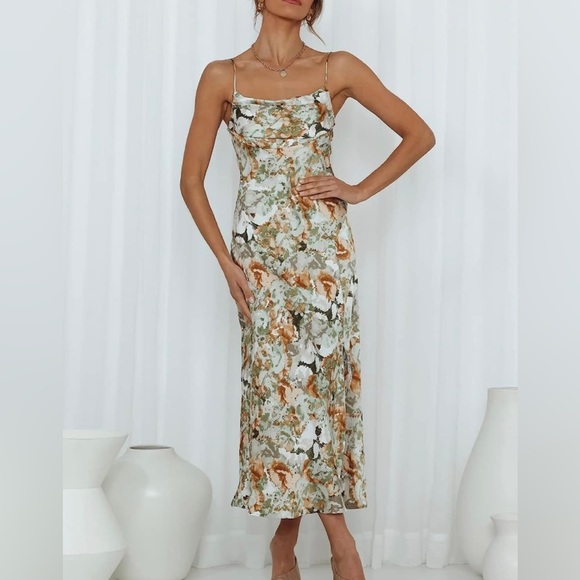 NWT Flower Print Slip Midi Dress Cowl Neck with Pleated Bust - Picture 1 of 6